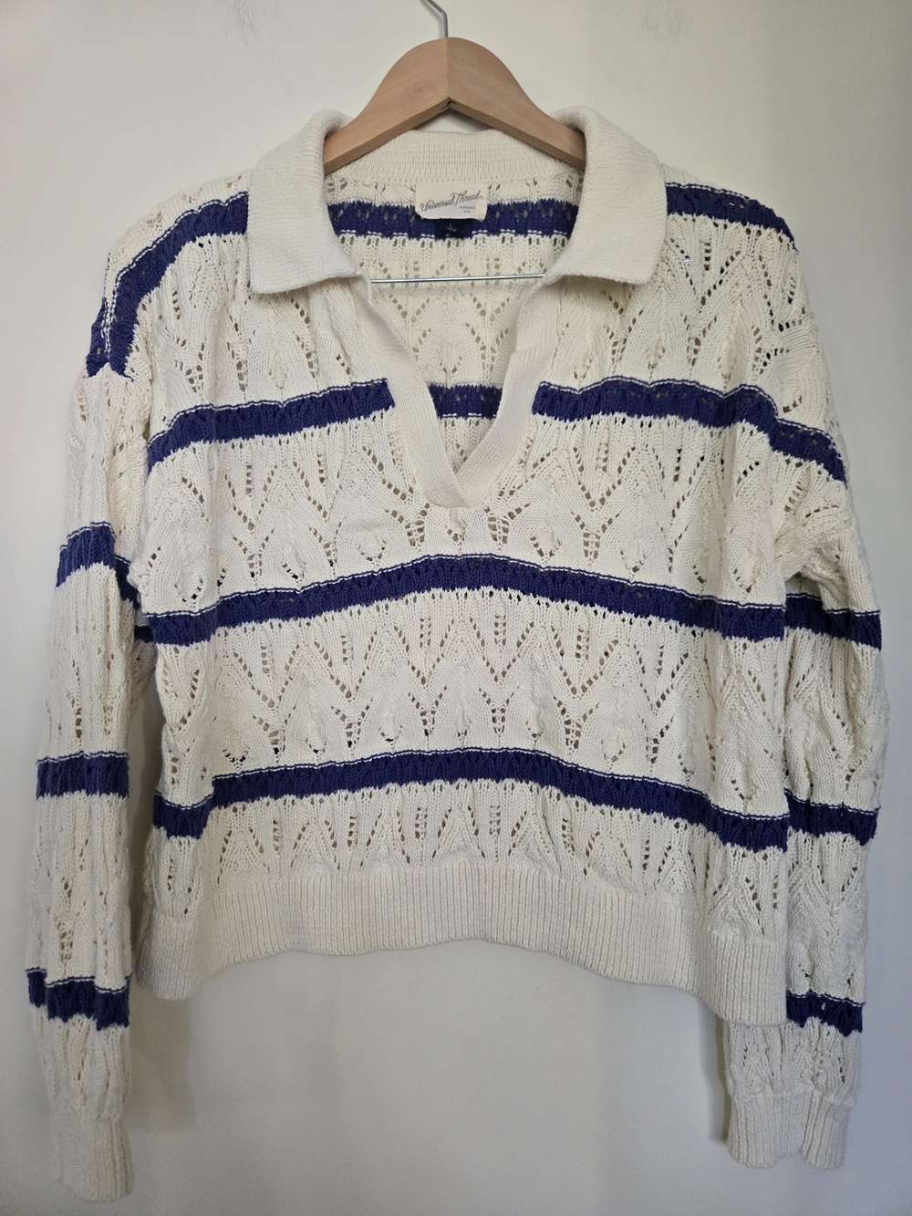 Women’s Cream V-Neck Collared Sweater with Blue Stripes